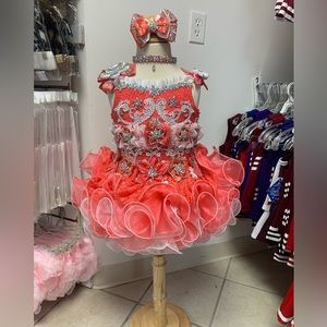 Size 3 Coral Corset Lace Up Back Beaded Cupcake Pageant Dress & Accessories NWT
